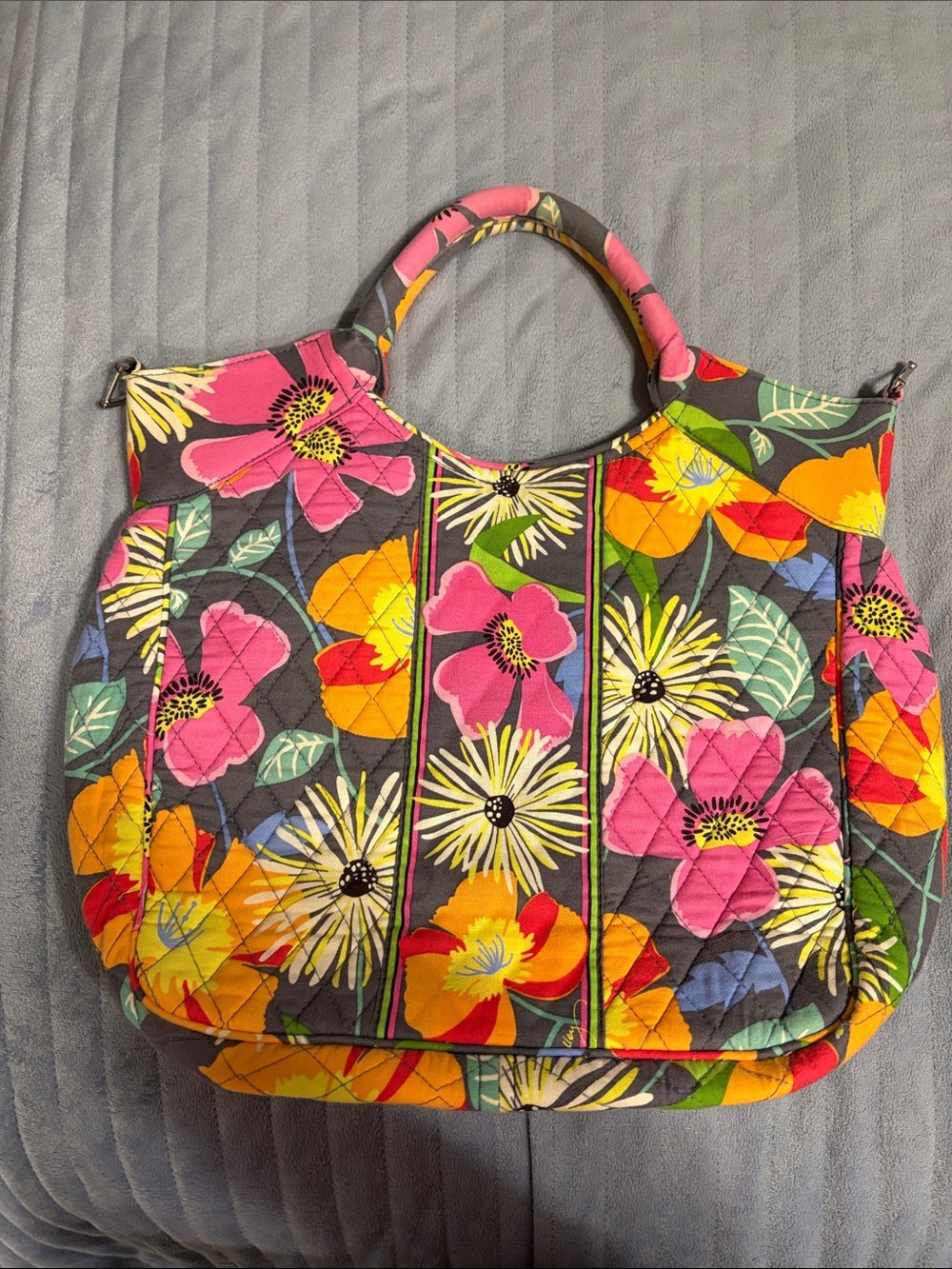 Vera Bradley Gray Quilted Floral Tote with Pink, Yellow & Orange Flowers